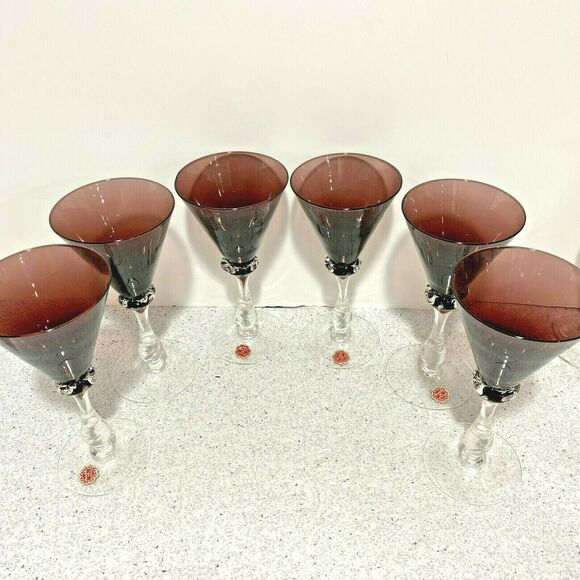 Wine Glasses Clear Crystal & Purple Hand Blown Glass Vintage Italian Set of 6 - Picture 4 of 10